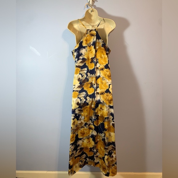 Nicole miller Floral racer back Maxi Dress Medium Yellow Blue flowy Beachy satin - Picture 2 of 5